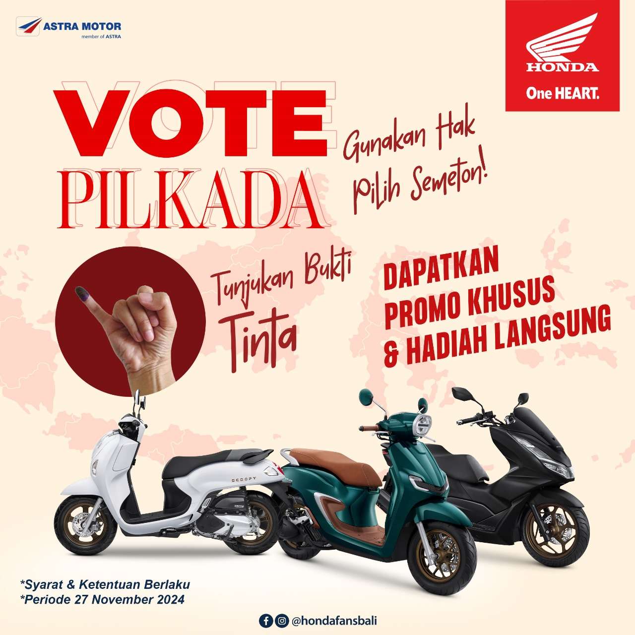 Tunjukkan Bukti Tinta Pilkada di Dealer Honda Bali, Dapatkan Promo Khusus dan Hadiah Langsung