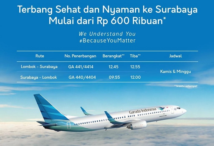 Garuda Indonesia Terbangi Surabaya-Lombok, Dukung Pengembangan Kawasan Ekonomi Khusus Mandalika